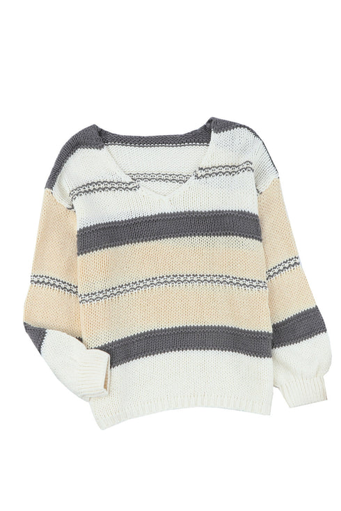 V-Neck Knitted Lantern Sleeve Pullover Sweater